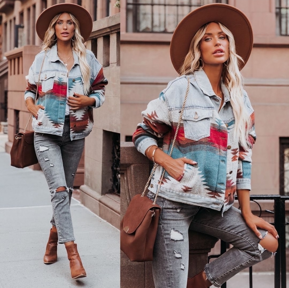 VICI Polagram Western Aztec Denim Jean Jacket - Oversized Distressed Large L